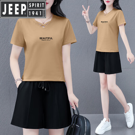 JEEP SPIRIT纯棉短袖短裤套装女2025新款夏季时髦洋气跑步灰色休闲运动两件套 灰色(粉色爱心) M(80-95斤)