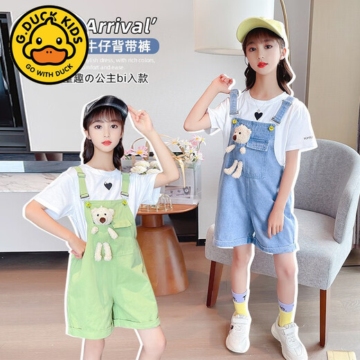 G.Duckkids Girls Bär Denim Overalls Set 2025 Sommer Neues koreanisches Stil Mode Kinder-Denim-Shorts Love T-Shirt Einteilige Blaue Kurzfilms 140 cm