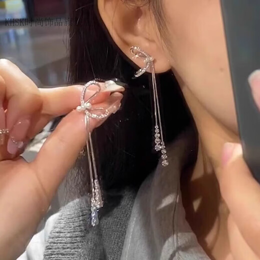 KHSK Old Phoenix 999 sterling silver bow tassel earrings ear clip earrings new temperament long style bow tassel earrings pair (with pierced ears)