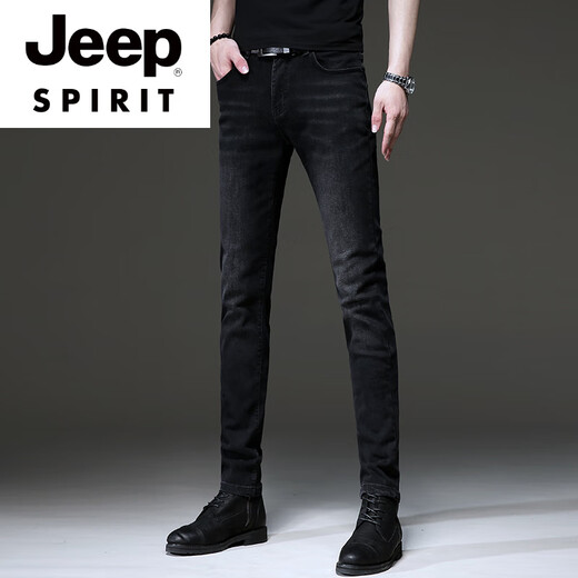 JEEP SPIRIT夏季新款复古黑色牛仔裤男欧货韩版潮流修身弹力小脚裤休闲长裤男 1048黑色 28