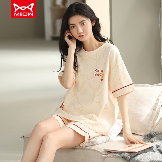 猫人（MiiOW）纯棉睡衣女夏季短袖短裤薄款可爱学生全棉夏天休闲家居服套装 蔷薇色 A9859短裤 M （80-100斤）