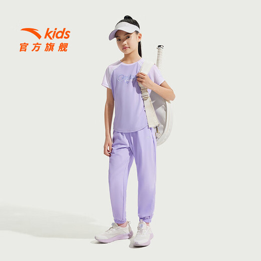 安踏儿童装女童套装夏装2025年新款短袖短裤时尚两件套洋气户外款 冷凝紫/冷凝紫-4 130