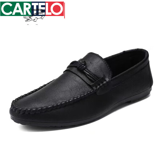 卡帝乐鳄鱼（CARTELO）男士豆豆鞋韩版百搭商务休闲皮鞋透气防滑男鞋2025春季一脚蹬单鞋 D829黑色特l价品牌断码 正精品牌补贴 40 250mm特l价品牌断码 特级进口高端
