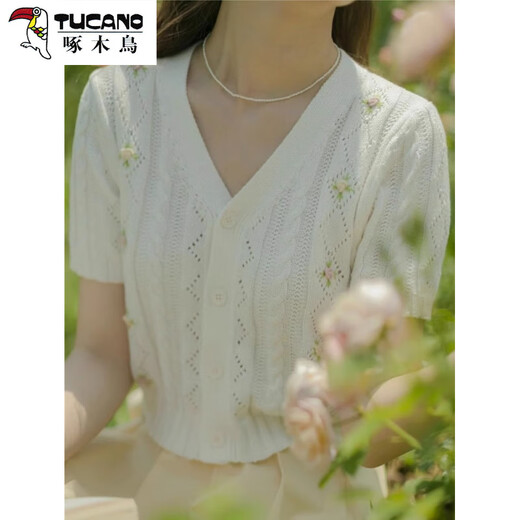 Woodpecker (TUCANO) French ice silk embroidered hollow thin knitted cardigan for women's summer white short chic v-neck short-sleeved top wear white M