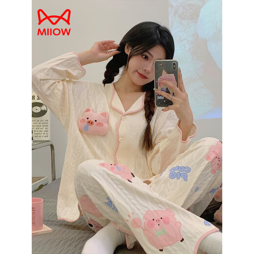 Miiow King Catman Elvis Pure Cotton Pyjamas für Frauen Frühling und Herbst Neue Langarmhosen Loose Strickwind Sweet Cartoon niedliche Heimkleidung Set 9215 m [Vorgeschlagen 80-100Jin [Jin gleich 0,5 kg]]