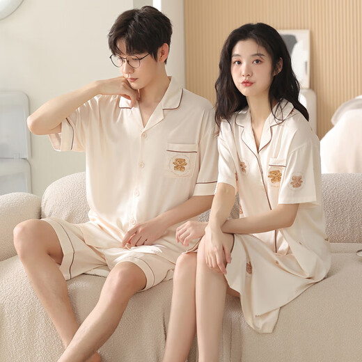
Yalu couple pajamas summer thin ice silk 2025 new cardigan short-sleeved home clothing sense men's large-size suit L6210 ice silk skirt cover 3XL women's XL+ men