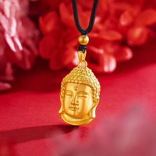 Taijufu gold-wrapped silver Buddha head pendant 9999 pure gold solid pendant native Buddha Chinese Valentine's Day gift for men and women Buddha head pendant + gold beads and black rope (gold layer thickened)