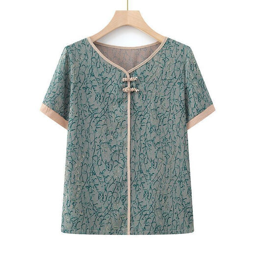 皮尔卡丹（PIERRE CARDIN）新中式短袖t恤女夏季洋气减龄中年妈妈装大码显瘦印花上衣女 826-绿色 M