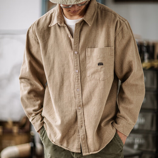 【重磅全棉】磨毛宽松工装衬衫纯色日系长袖休闲衬男春秋外套 杏色 2234-CPH XL 【建议120-140斤】