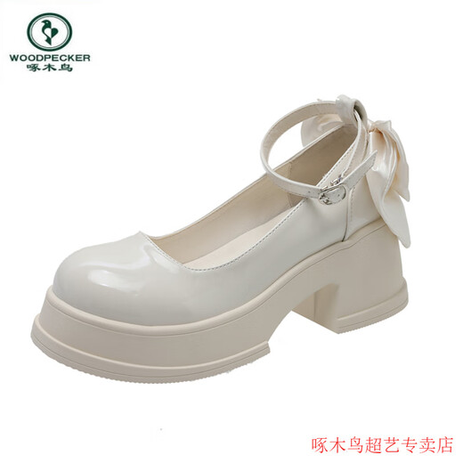 啄木鸟浅口仙女风玛丽珍鞋女2025春夏新款蝴蝶结粗高跟厚底配裙子小皮鞋 黑色 后跟无蝴蝶结款 35 舒适厚底6.5CM