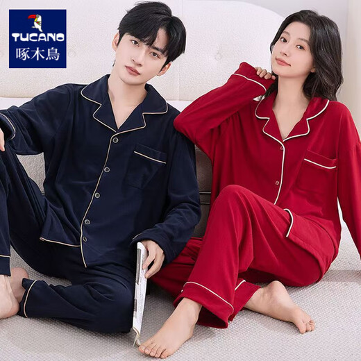 Woodpecker spring and autumn pajamas for men and women, long-sleeved, can be worn outside, couples thickened large size coral velvet home clothes set, men DM801 dark gray 3XL