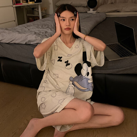 Modal pajamas for women with double-sided wearable summer new V-neck + round neck short-sleeved shorts cute home clothing set 9901w#Sleepy Mickey L