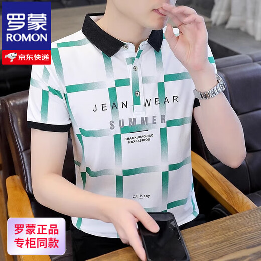 Romon Casual Vielseitig vielseitiges Lappel-Polo-Hemd Trendy Letter Drucken Männer kurzärmelig T-Shirt 2025 Sommer Neues Top F9230 Weiß Qualitätssicherung M etwa 90-105 Jin [Jin ist gleich 0,5 kg] kann getragen werden