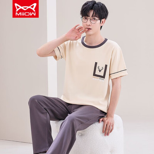 Catman Miiow Internet Celebrity Men's Pyjamas Summer Coton Panton à manches courtes de grande taille Style mince d'été pour la sortie décontractée 3523 L Men-120Jin [Jin est égal à 0,5 kg]