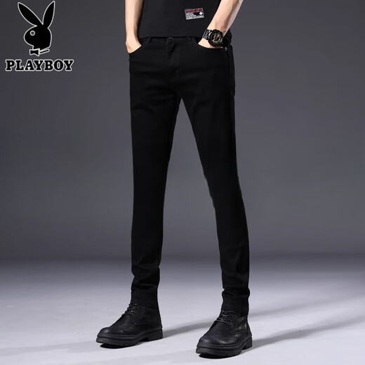 花花公子（PLAYBOY）高端男装2025夏季薄款纯黑色白色修身小脚牛仔裤青年男士裤休闲裤 kk1048黑色  27 (二尺)