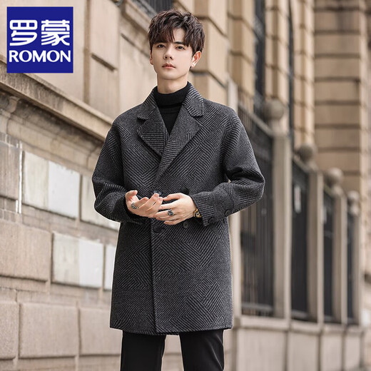 ROMON men's double-sided woolen coat 2025 mid-length autumn and winter woolen coat woolen windbreaker men's rhombus gray XL 180 recommended 140-155 Jin Jin equals 0.5 kg