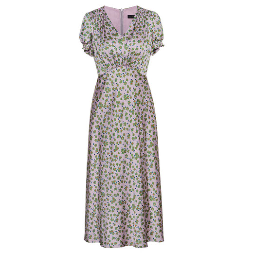 
ROEYSHOUSE ROYE Elegant V-neck Floral Dress for Women 2025 Summer New Fashion Puff Sleeve Waist-Close Mid-Long Skirt 12138 Floral XL
