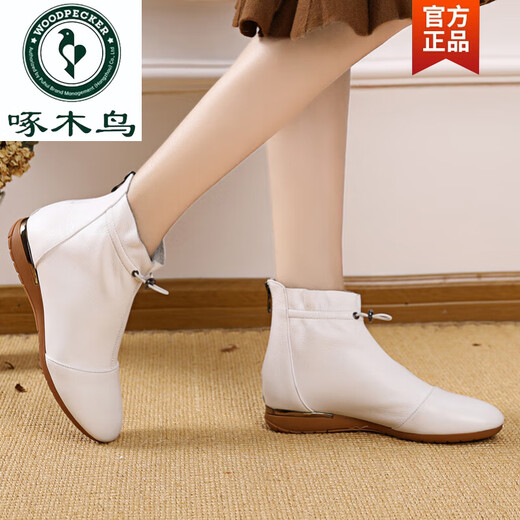 Woodpecker genuine leather flat heel short boots for women versatile casual Martin boots autumn single boots nude boots white women's boots soft sole mother women's shoes white single style 41