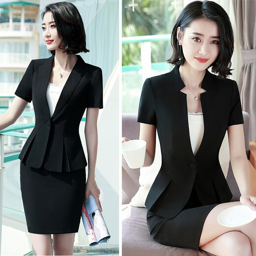 帛雷斯诺酒店领班高端工作服美容职业装套装女夏季薄款短袖西装前台工作装 6629黑西装+裤子送吊带 L建议98-106斤 均码