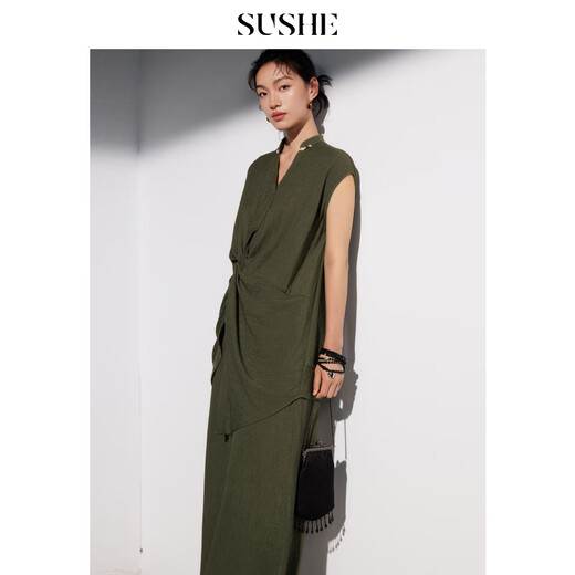 SUSHE Minimalism Textured Glossy V-neck Loose Sleeveless Top Straight Pants Suit Qing Hao-Top S