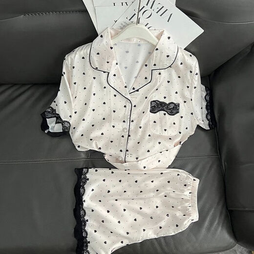 ZIPJBX短袖冰丝睡衣女2025夏季薄款感爱心印花蕾丝边家居服套装 丝滑感-LW-9214 M 【建议80-100斤】