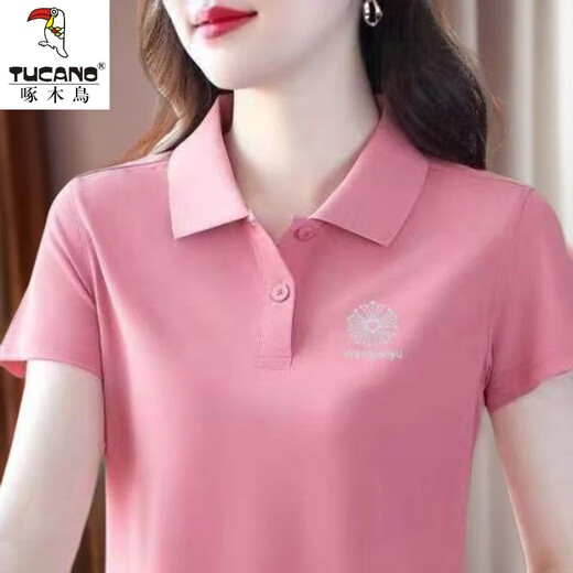 啄木鸟休闲polo衫短袖T恤女夏季新款中年妈妈装宽松大尺码显瘦翻领上衣 YC-6629酒红色 M 【建议85-100斤】