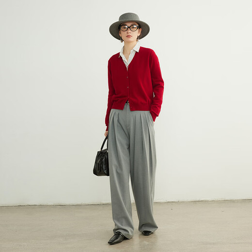 ROMON sweater women merino 100% wool 2025 spring and autumn new style V-neck sweater jacket women layered top Space red L