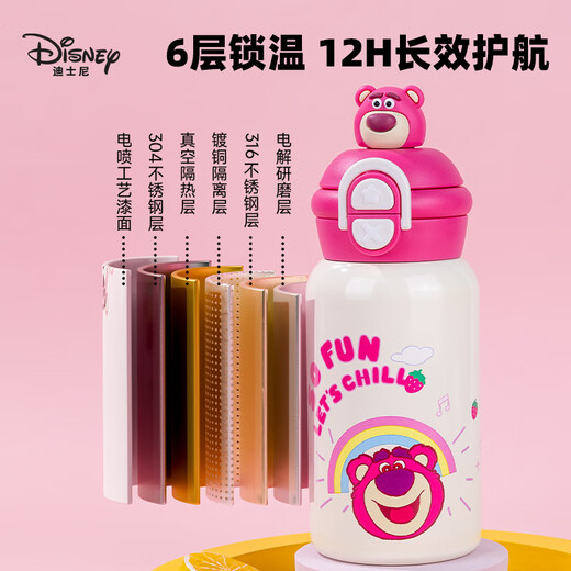 迪士尼（Disney）儿童保温杯男女生双盖带吸管316不锈钢大容量小学生上学用水杯子 15100草莓熊粉（一盖双饮）