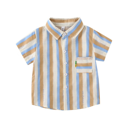 2025 new summer style boys' vertical striped shirt short-sleeved jacket baby thin summer outer wear Korean style shirt blue 130 cm
