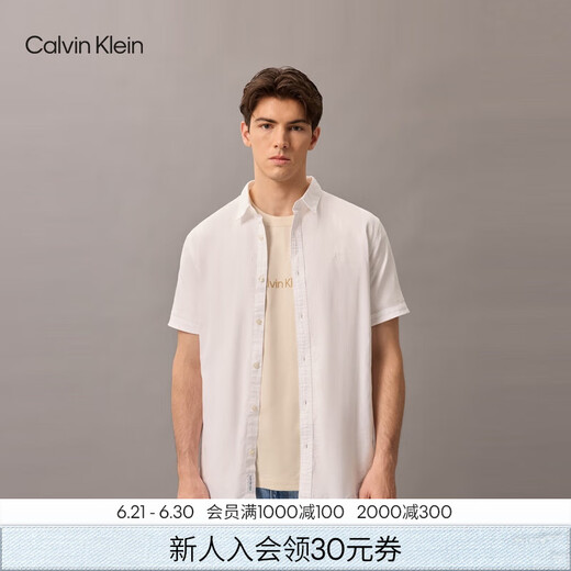 Calvin KleinJeans春夏男士商务休闲通勤ck简约刺绣棉亚麻短袖衬衫J317422 YAF-白色 M （建议130-150斤）