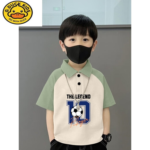 
G.DUCKKIDS pure cotton POLO shirt short-sleeved T-shirt for children's summer new style medium and large children loose splicing handsome lapel boy top 674 smiley face - black and green - POLO shirt pure cotton product 150