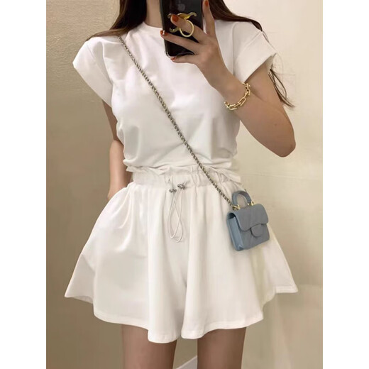 Hang Xindong Korean summer design niche temperament rear slit strap short-sleeved T-shirt top + drawstring shorts two-piece set for women white *897 single size