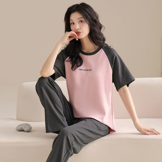 Langsha 100% pyjamas en coton pur pour les femmes au printemps et en été pantalon à manches courtes Femmes lâches décontractées Vêtements de maison de style coréen pour le costume d'automne T-9711 (pantalon à manches court)