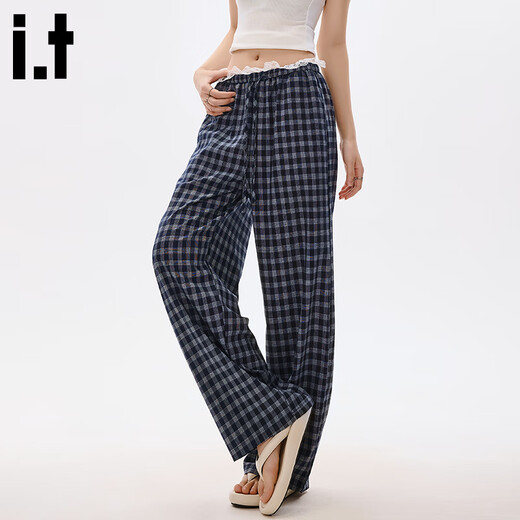 : Chocoolate Es versteckt blaue Plaid-Freizeithosen für Frauen im Sommer Lose Spitzenspitze-Stil gerade Hosen für dunkelblaue Hosen s s