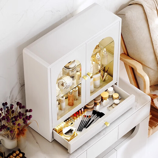 Xinwujia cosmetics storage box dust-proof dressing table storage cabinet high-end sense large capacity desktop storage rack good appearance milk white French high-end sense shipped in complete package