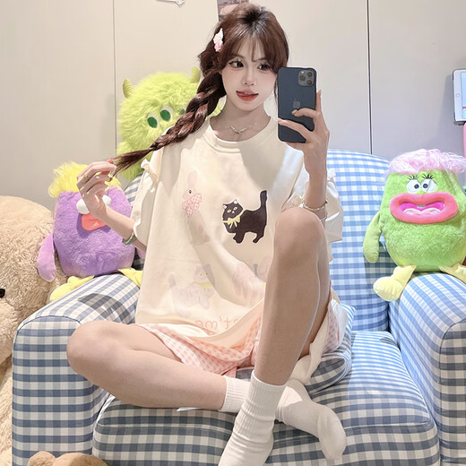 Yu Zhaolins neuer Pyjamas für Frauen im Sommer Nachahmung Baumwollpullover Shorts Süßes Welpe Cartoon bequemer Haus tragbarer Anzug