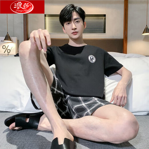 浪莎睡衣男夏季短袖短裤纯棉薄款套装大码宽松两件套男款家居服可外穿 HD9928D短袖套装 L 100-125斤