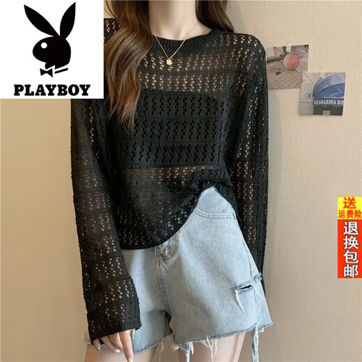 Playboy (PLAYBOY) official hollow sweater summer sweater 2025 new Korean version long-sleeved loose versatile top sunscreen cover white S suggested 7595Jin [Jin equals 0.5 kg]