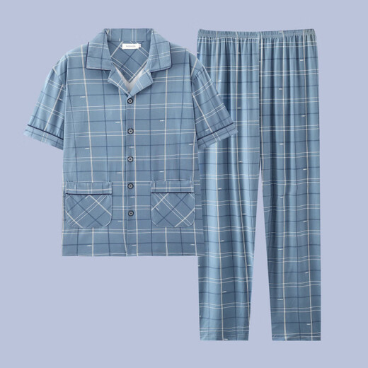 Ttpmer Pajamas Algodón de algodón de verano para hombres Pantalones de manga corta Cárdigan de verano delgada Juvenía de ropa para juventud de gran tamaño G3881 Azul (manga corta) 180 XL [recomendado 120-140Jin [Jin equivale a 0.5 kg]]