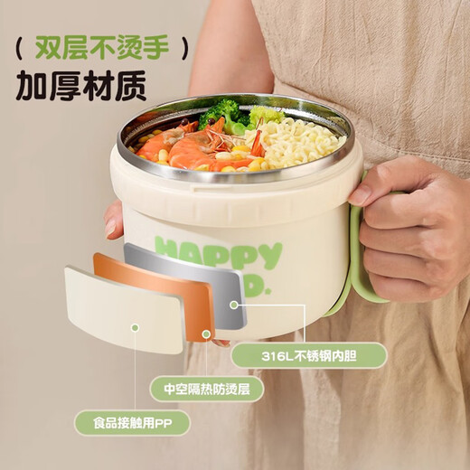 Muju stainless steel instant noodle bowl with lid bowl for dormitory student bowl and chopsticks set office worker bowl personal rice bowl lunch box 316-green 1300ml vegetable grid + chopsticks spoon + bag