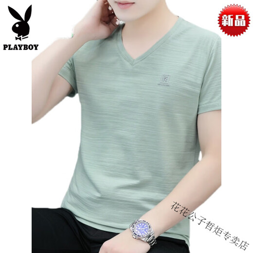 花花公子（PLAYBOY）高品质夏季纯棉V领男生短袖t恤男装潮牌纯色冰丝半袖新款上衣打底 高端品牌-白色Q693短袖-高档品牌 M 建议90-100斤