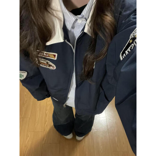 QuMile American Retro Flight Jacket for Men Spring and Autumn Couple Loose Design Baseball Clothes Handsome Lapel Jacket Navy XL