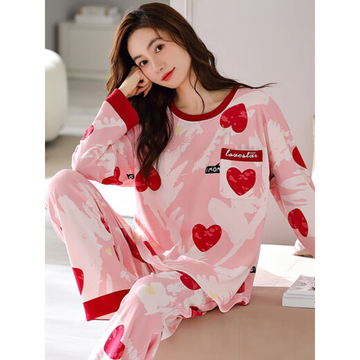 源夫人新款棉质长袖睡衣女春秋胖妹妹200斤红色心形家居服套装5XL可外穿 KN9207长袖长裤纯棉 M 【80-100斤】
