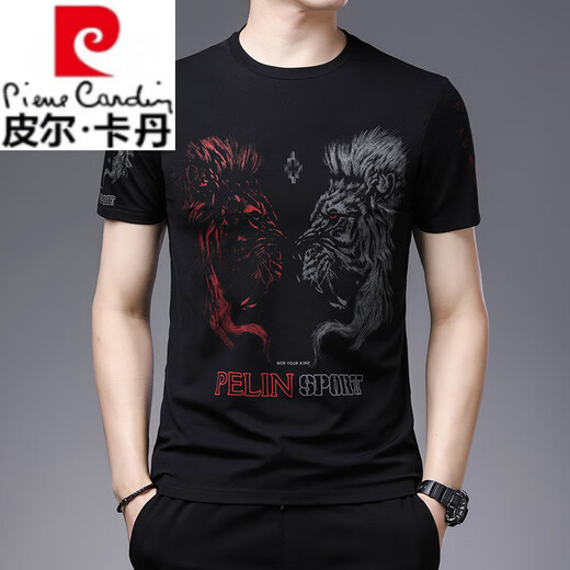 皮尔卡丹（pierre cardin）高端中国风老虎头潮流男士短袖T恤时尚印花大码男打底衫半袖宽松 829黑色字母 M 建议100-115斤内