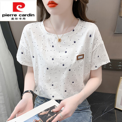 Pierre cardin pure i cotton printed short-sleeved T-shirt for women 2025 summer new loose print design versatile T-shirt top trend 1396# white S suitable for 80-99Jin [Jin equals 0.5 kg]