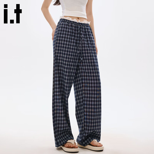 : Chocoolate Es versteckt blaue Plaid-Freizeithosen für Frauen im Sommer Lose Spitzenspitze-Stil gerade Hosen für dunkelblaue Hosen s s