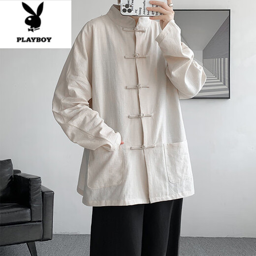 
Playboy (PLAYBOY) Chinese style Tang suit men's sling shirt summer Hanfu new Chinese men's large-size Taoist robe jacket black [seven-quarter sleeves] + navy blue linen pants 8XL (275 to 300 Jin [Jin equals 0.5 kg] can be worn)