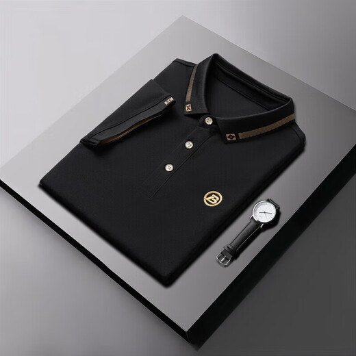 Fat Donglai summer clothes solid color lapel short-sleeved T-shirt men's trendy versatile casual loose top Black QY682 M