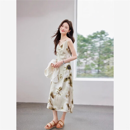 SI JIE SHANGHAI ENDI Ropa Han Duoyi vestida de suspensión para mujeres temperamento a mitad de longitud impresa año 9923 vestido amarillo s
