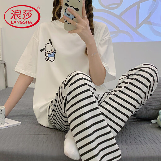 浪莎轻奢睡衣女款纯棉夏季短袖长裤夏天薄款夏款玉桂狗春秋可爱家居服 JZM-6625爱心 2XL